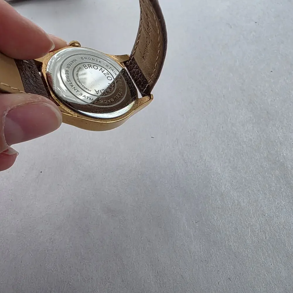 Bronzo Italia Black Spinel Stone‎ Dial Bronze Yellow Gold Watch Leather Band New